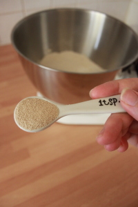 measuring out 1tsp of yeast in a spoon