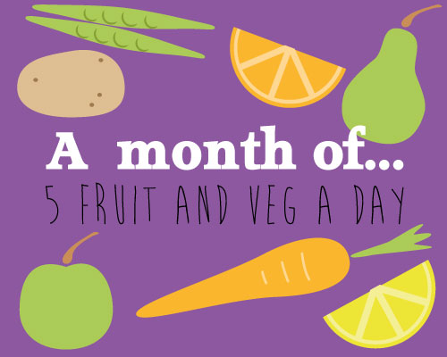A month of 5 fruit and veg surrounded by various fruit and veg