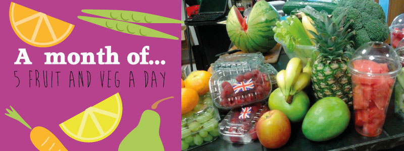 Various fruit ready for smoothies with artwork stating "a month of 5 fruit and veg a day